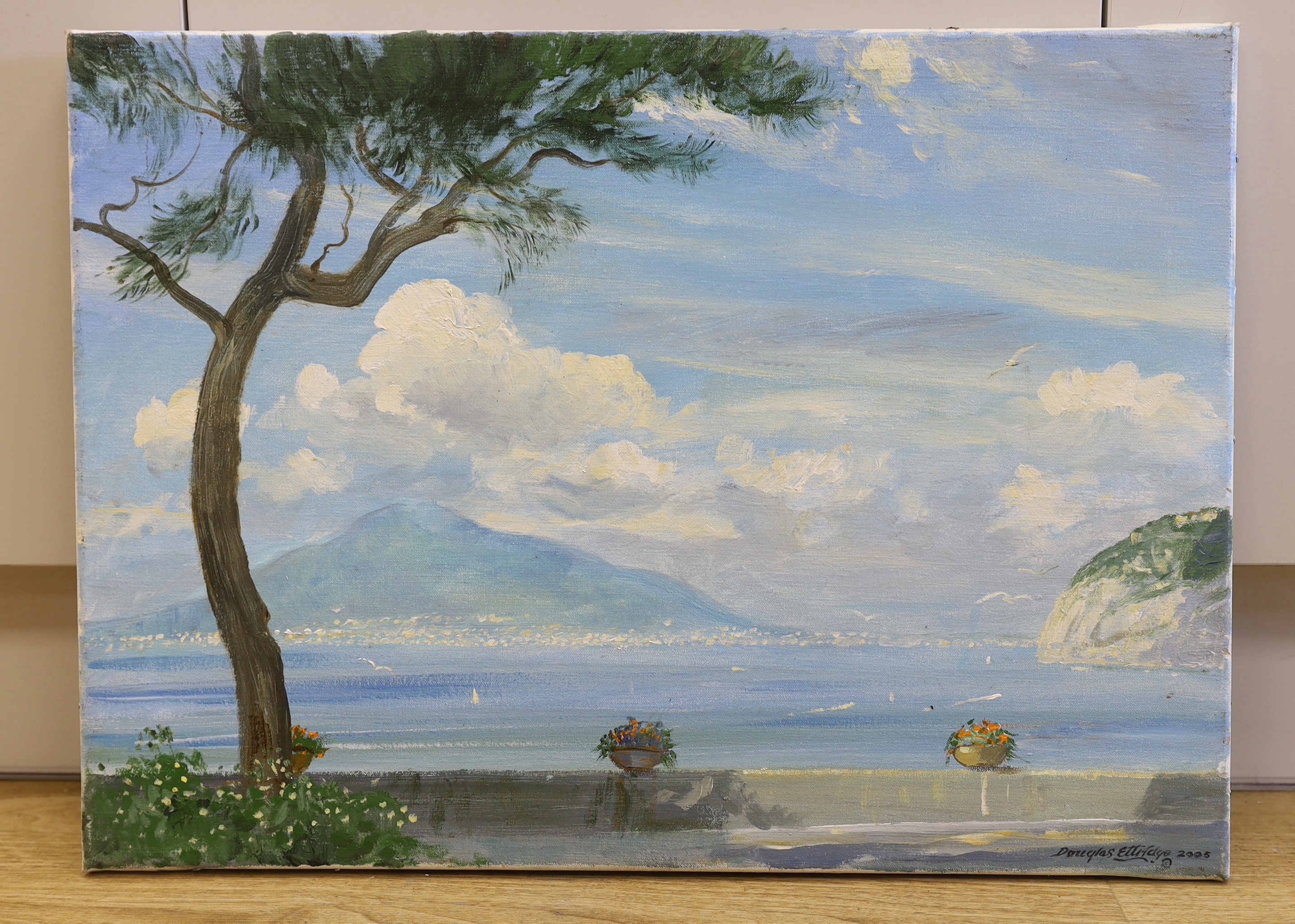 Douglas Ettridge (1927-2009), oil on canvas, Continental lakeside landscape, signed and dated 2005, 62 x 45cm, unframed